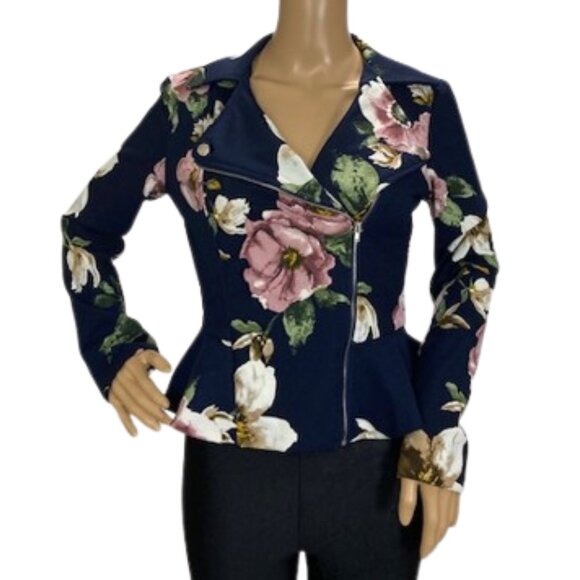 HAVE Navy Floral Stretch Blazer with Asymmetrical Zip - Picture 1 of 6